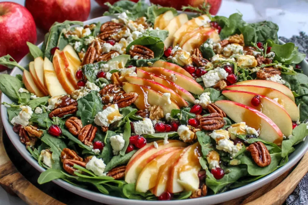 Plated Autumn Harvest Honeycrisp Apple and Feta Salad with pomegranate seeds, candied pecans, and blue cheese on a bed of arugula.