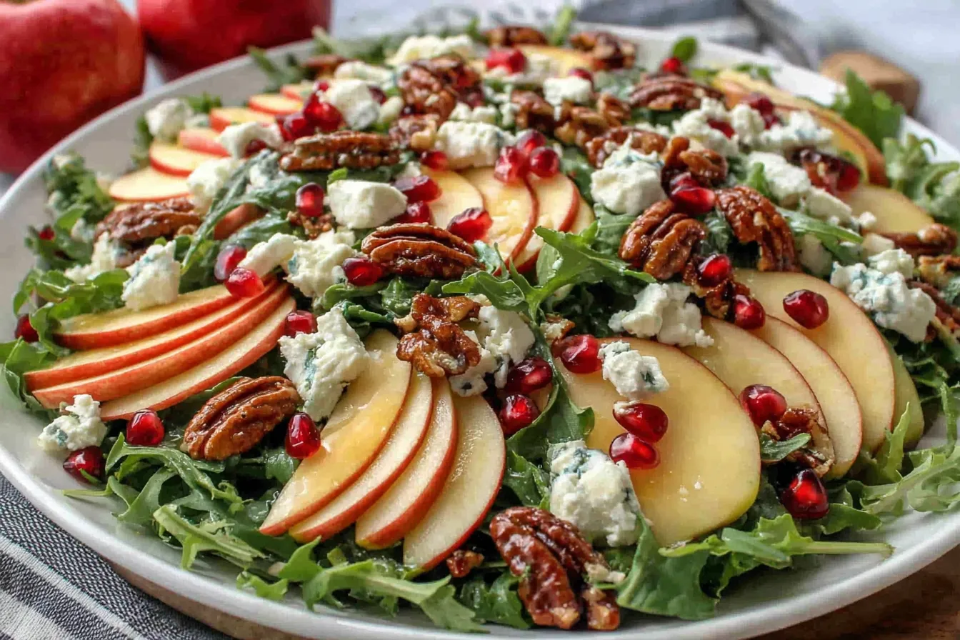 Autumn Harvest Honeycrisp Apple and Feta Salad with sliced apples, pecans, pomegranate seeds, and apple cider vinaigrette drizzled over fresh greens.