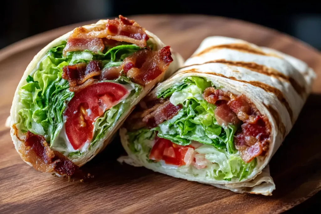 Gourmet BLT Wraps with Secret Sauce displayed on a wooden board with crisp lettuce, juicy tomato, and smoky bacon.
