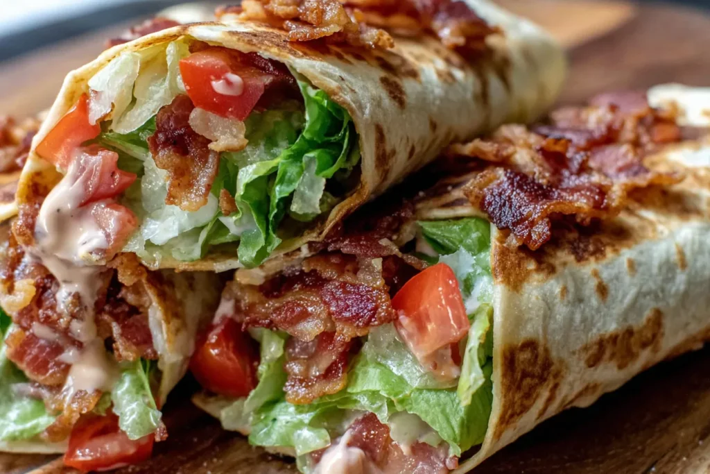 Gourmet BLT Wraps with Secret Sauce showing tomato, lettuce, bacon, and creamy dressing inside a toasted wrap.