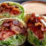 Gourmet BLT Wraps with Secret Sauce filled with crispy bacon, fresh lettuce, and juicy tomatoes cut in half on a plate.