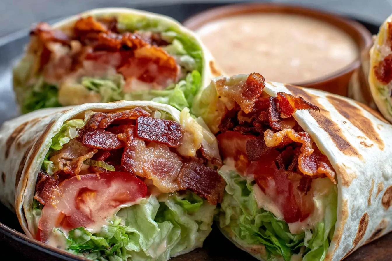 Gourmet BLT Wraps with Secret Sauce filled with crispy bacon, fresh lettuce, and juicy tomatoes cut in half on a plate.