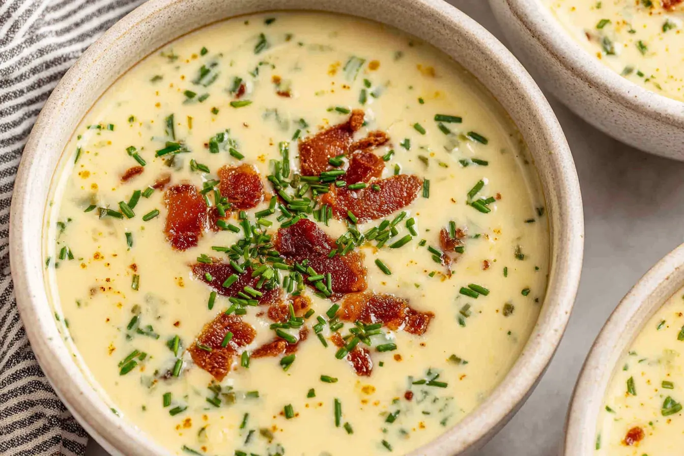 Baked Potato Soup in ceramic bowls topped with bacon pieces and finely chopped chives.
