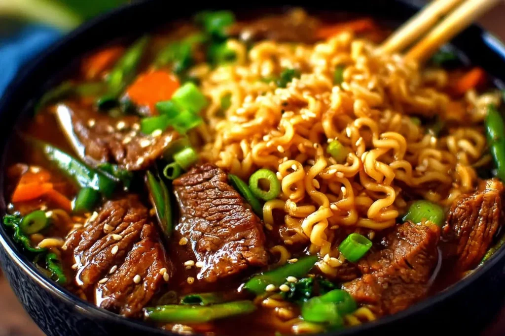 Slow Cooker Beef Ramen Noodles served with rich broth, sliced beef, vegetables, and ramen noodles.