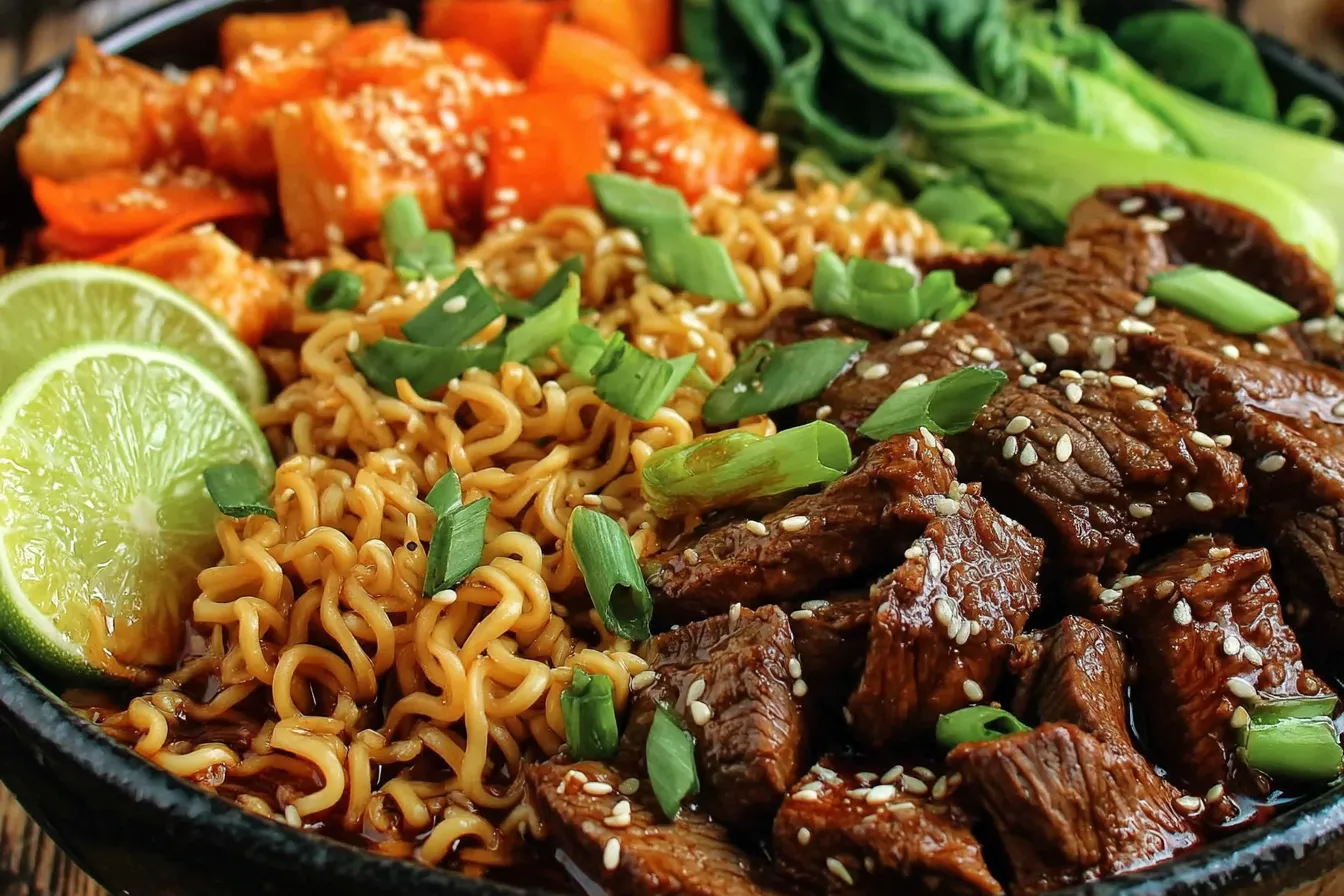 Slow Cooker Beef Ramen Noodles with tender beef, ramen noodles, sesame seeds, and green onions in a cozy bowl.