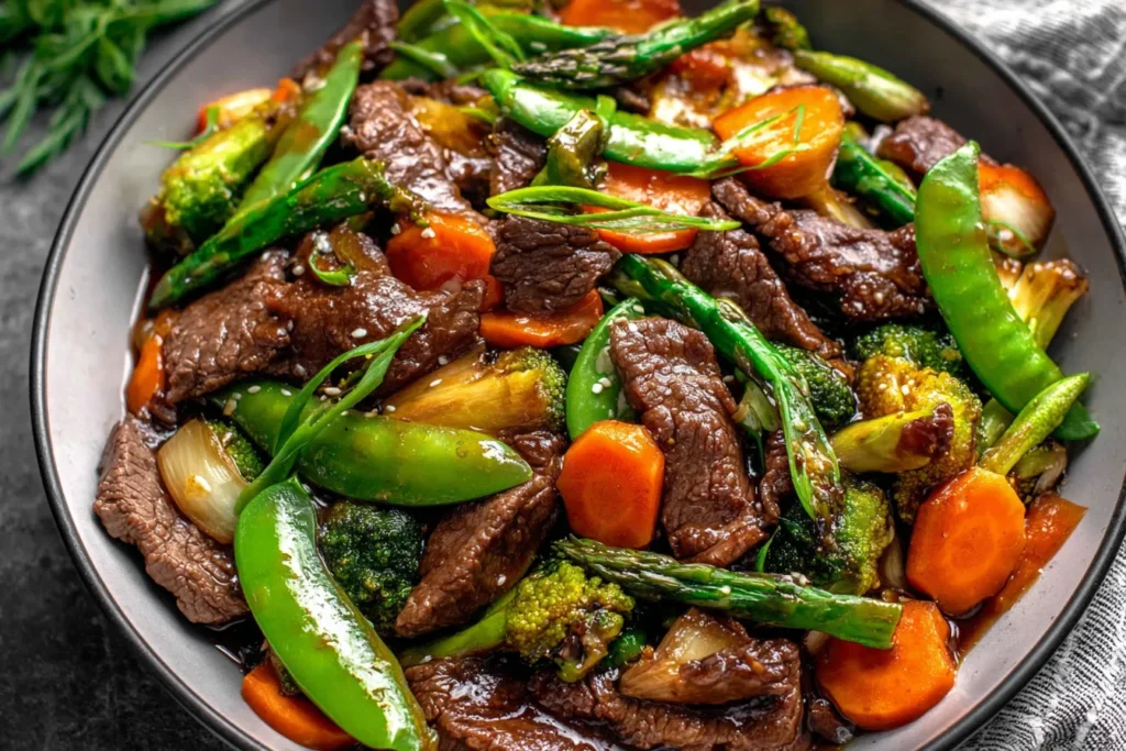 Beef Stir Fry with Vegetables featuring beef strips, snap peas, broccoli, and carrots in a rich sauce.