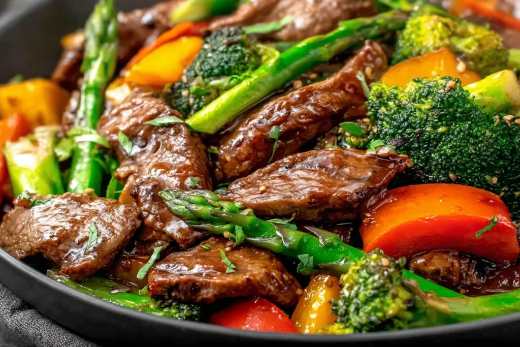 Beef Stir Fry with Vegetables featuring tender beef slices, broccoli, asparagus, and peppers in a glossy stir fry sauce.