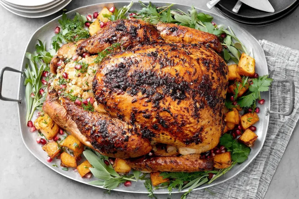 Best Thanksgiving Turkey Recipe featuring a juicy roasted turkey on a platter with herbs, pomegranate seeds, and crispy potatoes for a festive holiday meal
