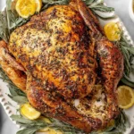 Best Thanksgiving Turkey Recipe with golden roasted turkey coated in herb butter, surrounded by fresh rosemary, sage, and lemon slices on a serving platter