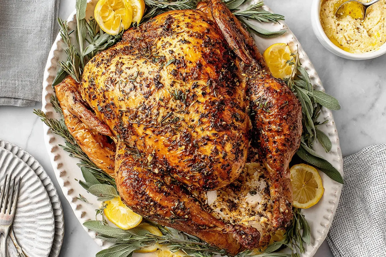 Best Thanksgiving Turkey Recipe with golden roasted turkey coated in herb butter, surrounded by fresh rosemary, sage, and lemon slices on a serving platter