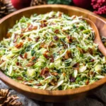 Brussels Sprout, Kale + Apple Salad with Sharp Cheddar + Bacon piled high in a wooden bowl with a serving spoon on a rustic table.