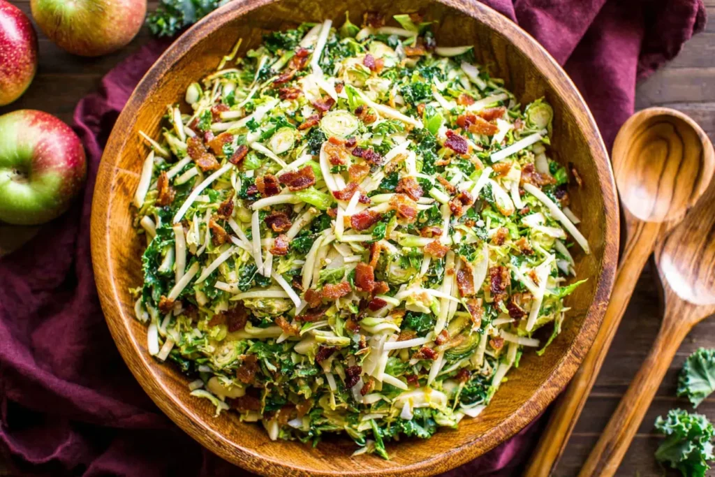 Overhead view of Brussels Sprout, Kale + Apple Salad with Sharp Cheddar + Bacon in a wooden bowl with apples and serving spoons on the side.