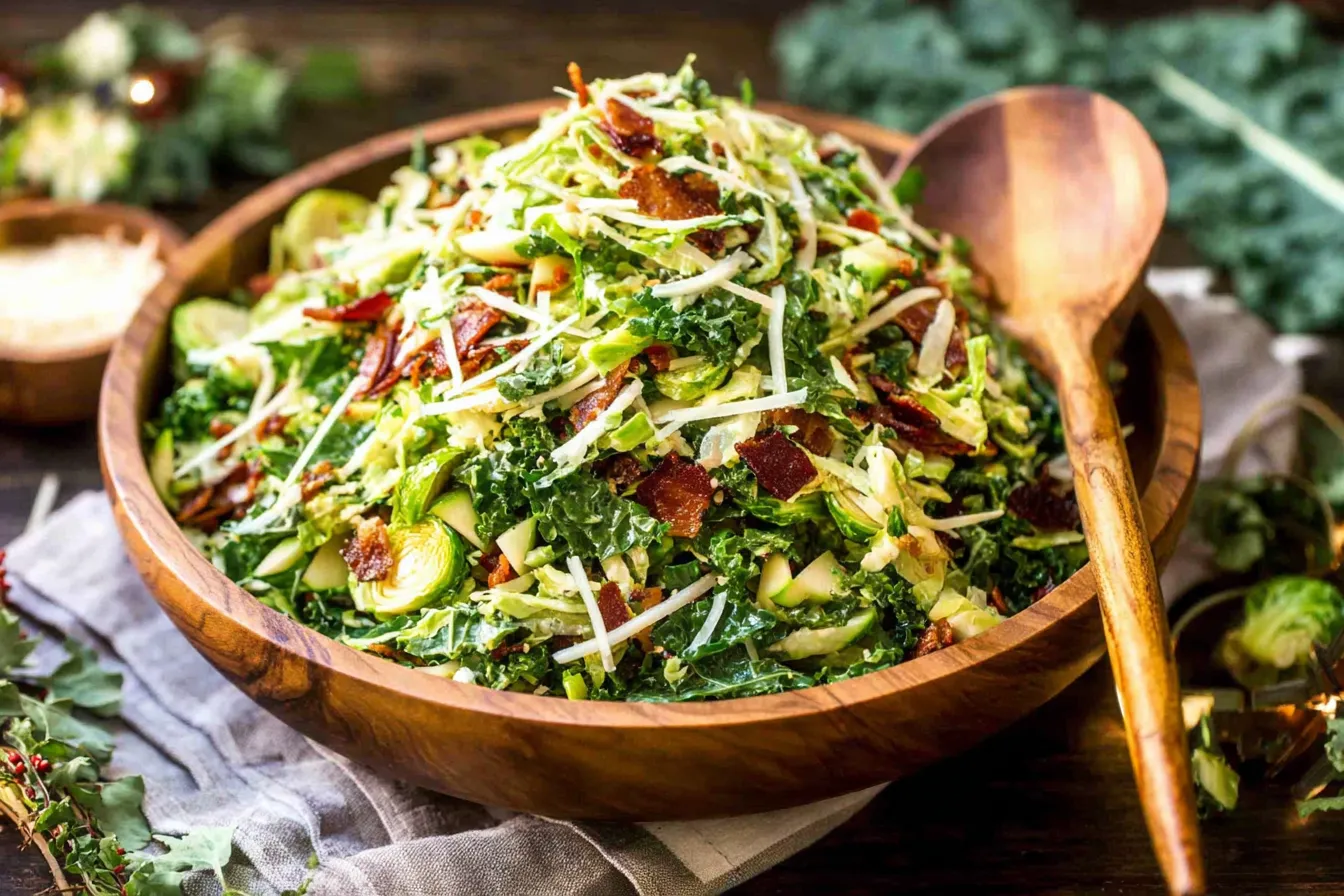 Brussels Sprout, Kale + Apple Salad with Sharp Cheddar + Bacon in a wooden bowl topped with crispy bacon and shredded cheddar cheese.
