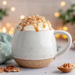 Caramel Brûlée Latte drizzled with caramel sauce and sprinkled with toffee pieces in a rustic mug.