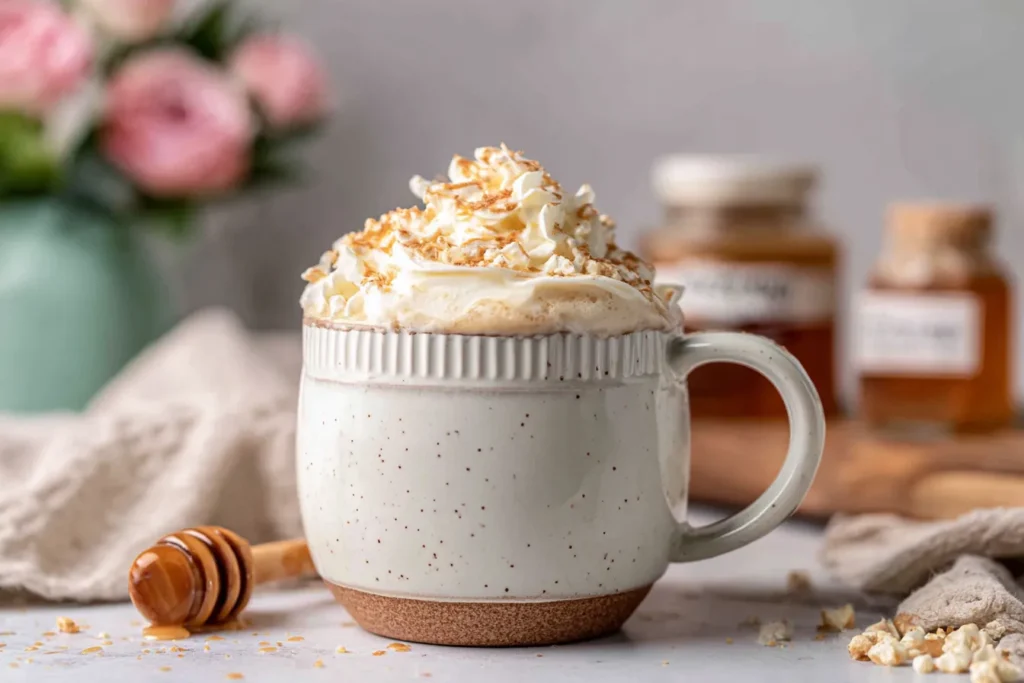 Creamy Caramel Brûlée Latte topped with whipped cream and toffee bits in a ceramic mug.Caramel Brûlée Latte 3