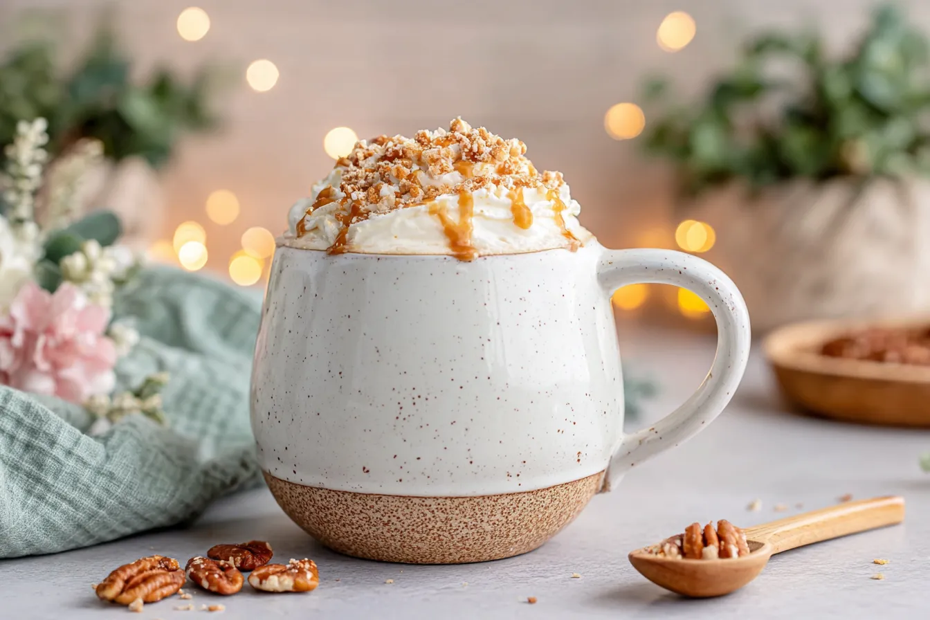 Caramel Brûlée Latte drizzled with caramel sauce and sprinkled with toffee pieces in a rustic mug.