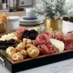 Festive Charcuterie Board Meat Flowers with cheese, crackers, and fruit