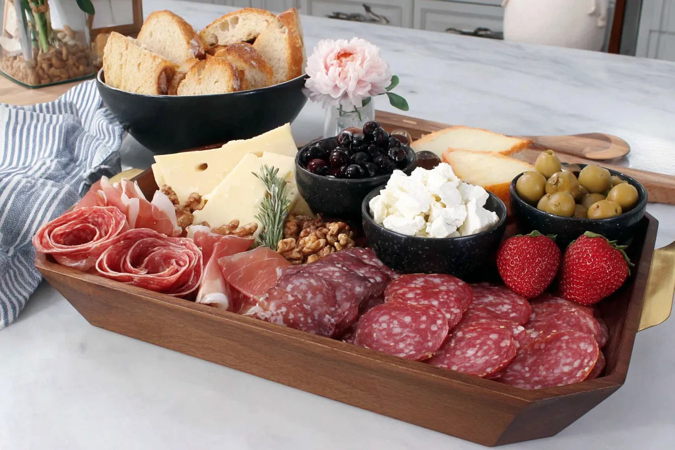 Elegant Charcuterie Board Meat Flowers with cheese, olives, and salami