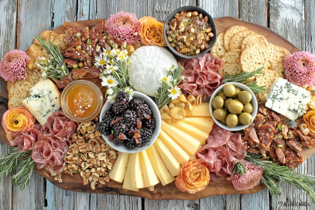 Charcuterie Board Meat Flowers with salami, prosciutto, cheese, olives, crackers, and flowers.