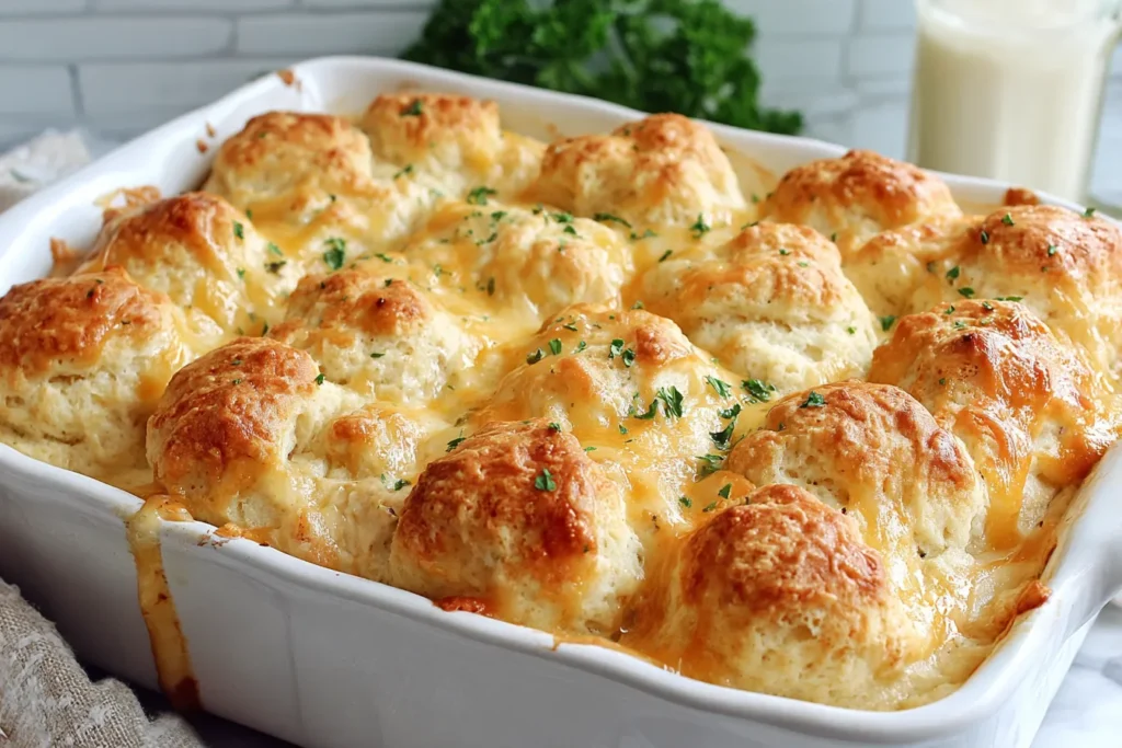 Cheddar Bay Chicken Cobbler with melted cheese and fluffy biscuit topping in a casserole dish.
