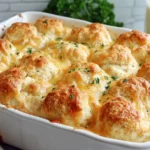 Cheddar Bay Chicken Cobbler with melted cheese and fluffy biscuit topping in a casserole dish.