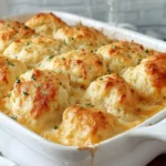 Cheddar Bay Chicken Cobbler fresh from the oven with golden cheddar biscuits on top.