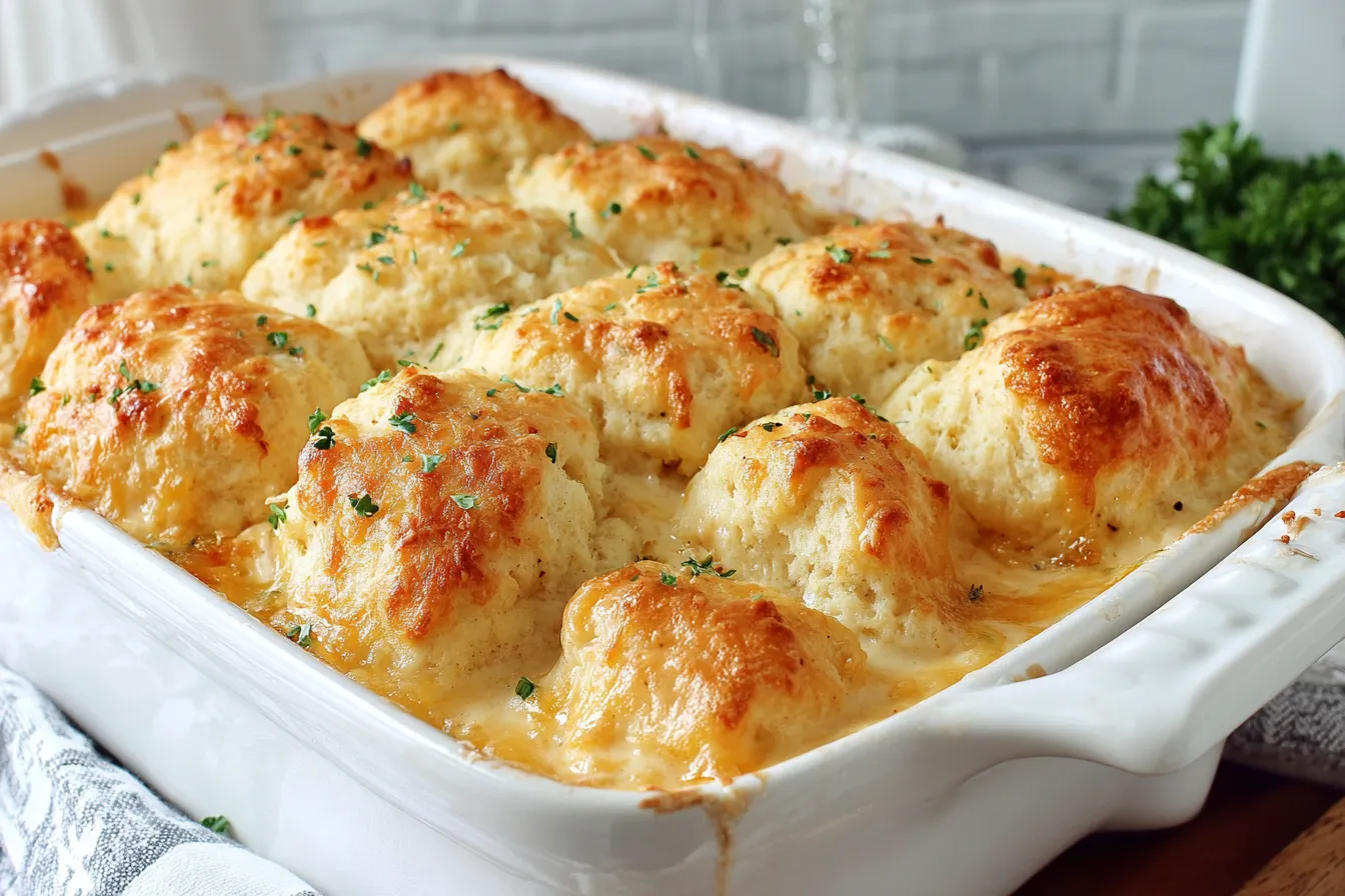 Cheddar Bay Chicken Cobbler fresh from the oven with golden cheddar biscuits on top.