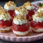 Cheesecake Strawberries Creamy Delight with whipped cream and crushed graham cracker topping on a pink plate.