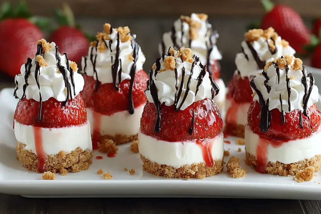 Cheesecake Strawberries Creamy Delight topped with whipped cream, chocolate drizzle, and graham cracker crumbs on a white serving tray.
