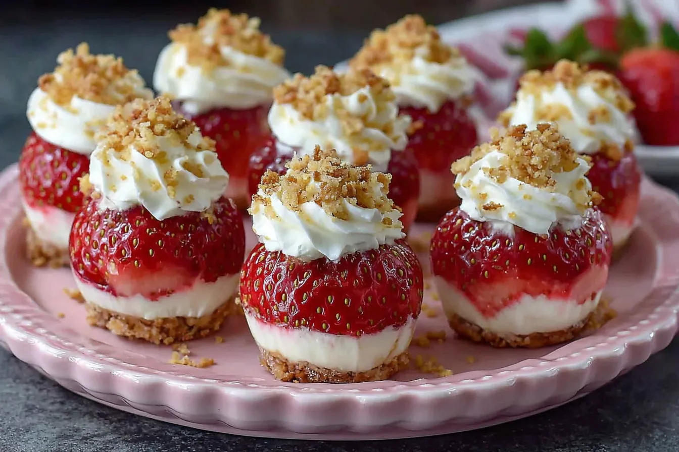 Cheesecake Strawberries Creamy Delight with whipped cream and crushed graham cracker topping on a pink plate.