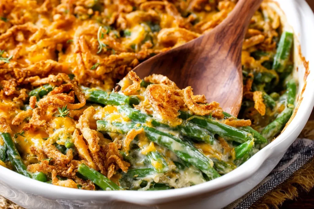 Cheesy Southern Green Bean Casserole topped with melted cheddar and fried onions.