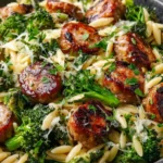 Chicken Sausage and Broccoli Orzo featuring browned sausage pieces and vibrant broccoli mixed into tender orzo pasta.