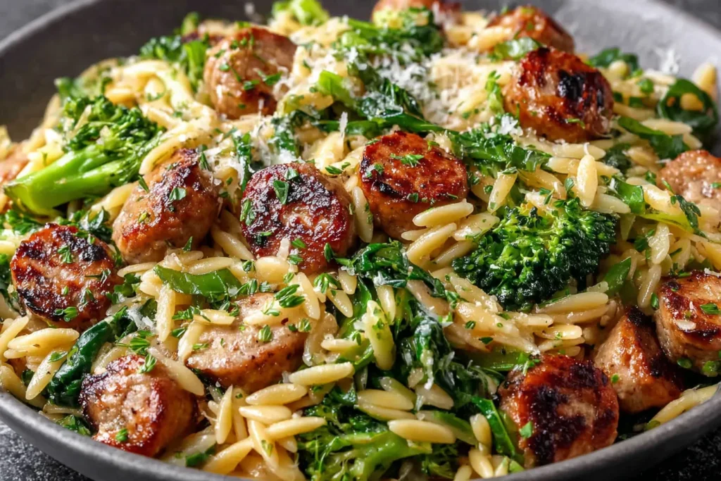 Chicken Sausage and Broccoli Orzo with golden sausage slices, tender broccoli, and creamy orzo in a skillet.