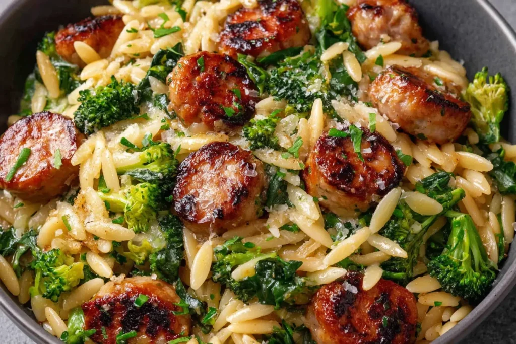 Creamy Chicken Sausage and Broccoli Orzo topped with Parmesan and fresh herbs in a warm serving bowl.