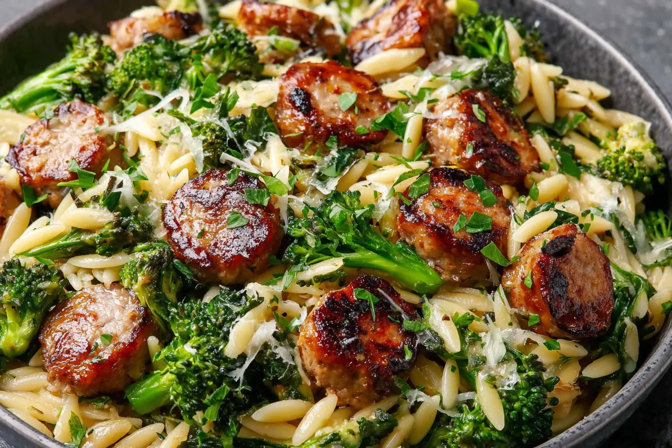 Chicken Sausage and Broccoli Orzo featuring browned sausage pieces and vibrant broccoli mixed into tender orzo pasta.