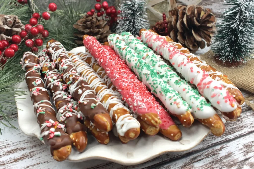 Christmas Pretzel Rods Recipe featuring chocolate-covered pretzel rods coated with red, white, and green sprinkles on a holiday plate.
