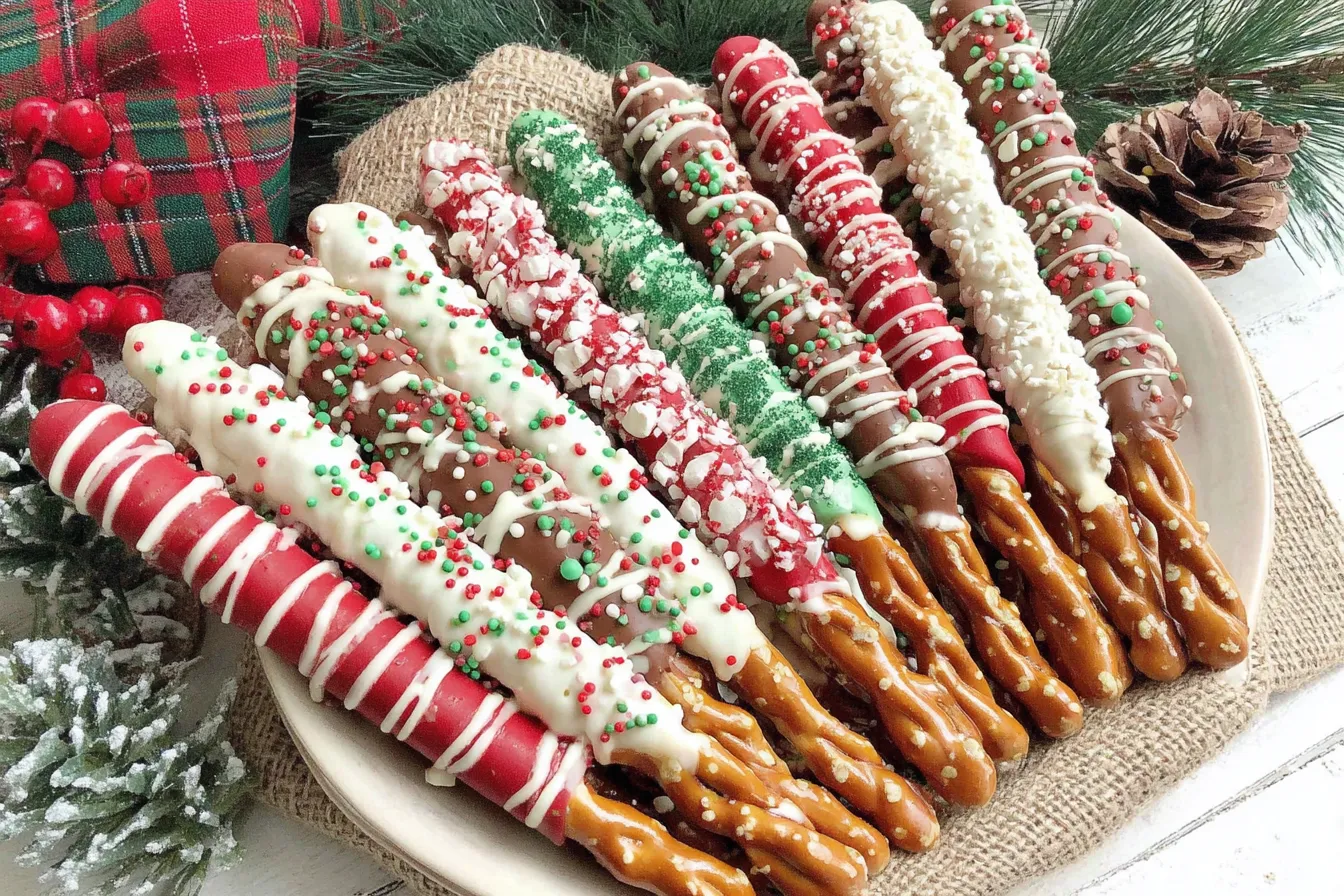 Christmas Pretzel Rods Recipe with festive chocolate-dipped pretzel rods decorated in red, green, and white sprinkles on a holiday plate.