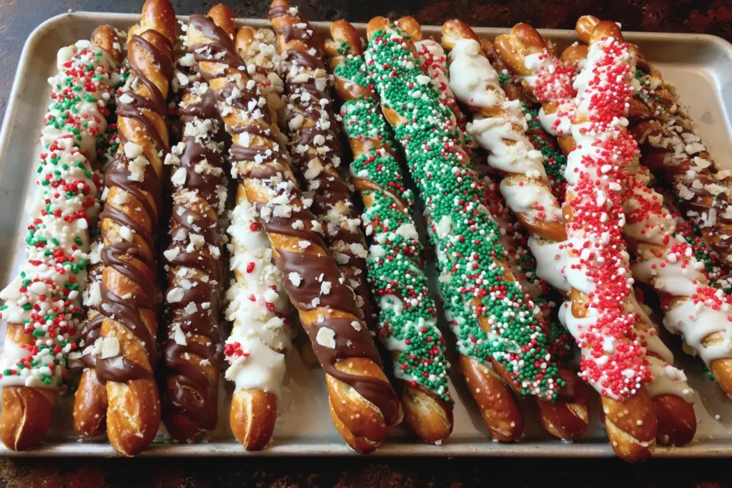 Christmas Pretzel Rods Recipe featuring chocolate-covered pretzel rods coated with red, white, and green sprinkles on a holiday plate.
