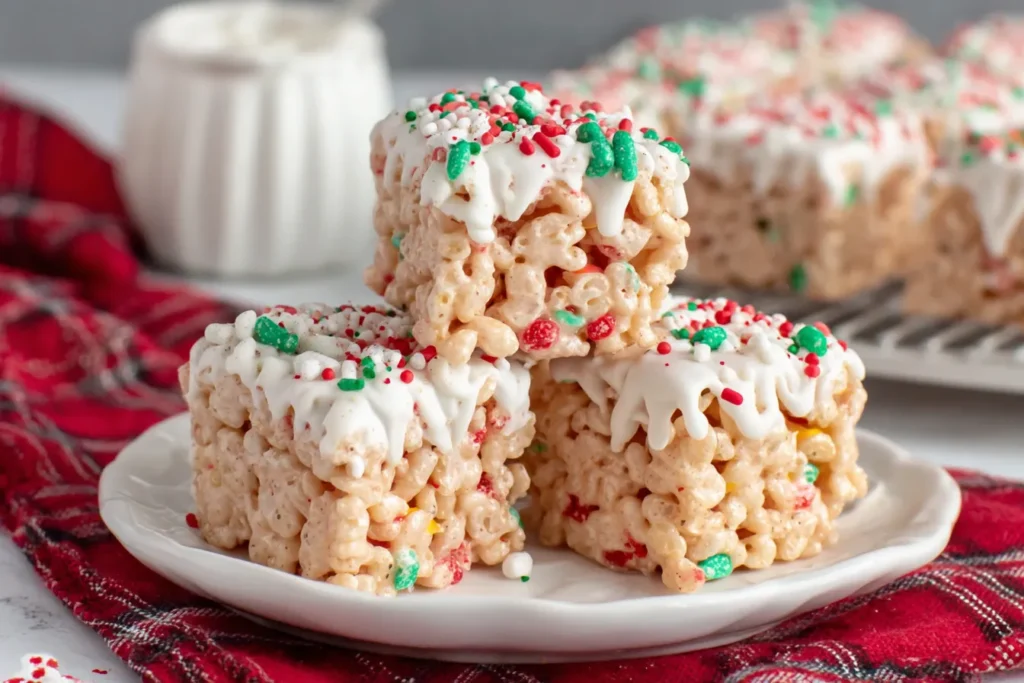 Three Christmas Rice Crispy Treats with white chocolate drizzle and colorful holiday sprinkles on a plate.