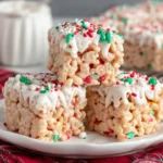 Three Christmas Rice Crispy Treats with white chocolate drizzle and colorful holiday sprinkles on a plate.