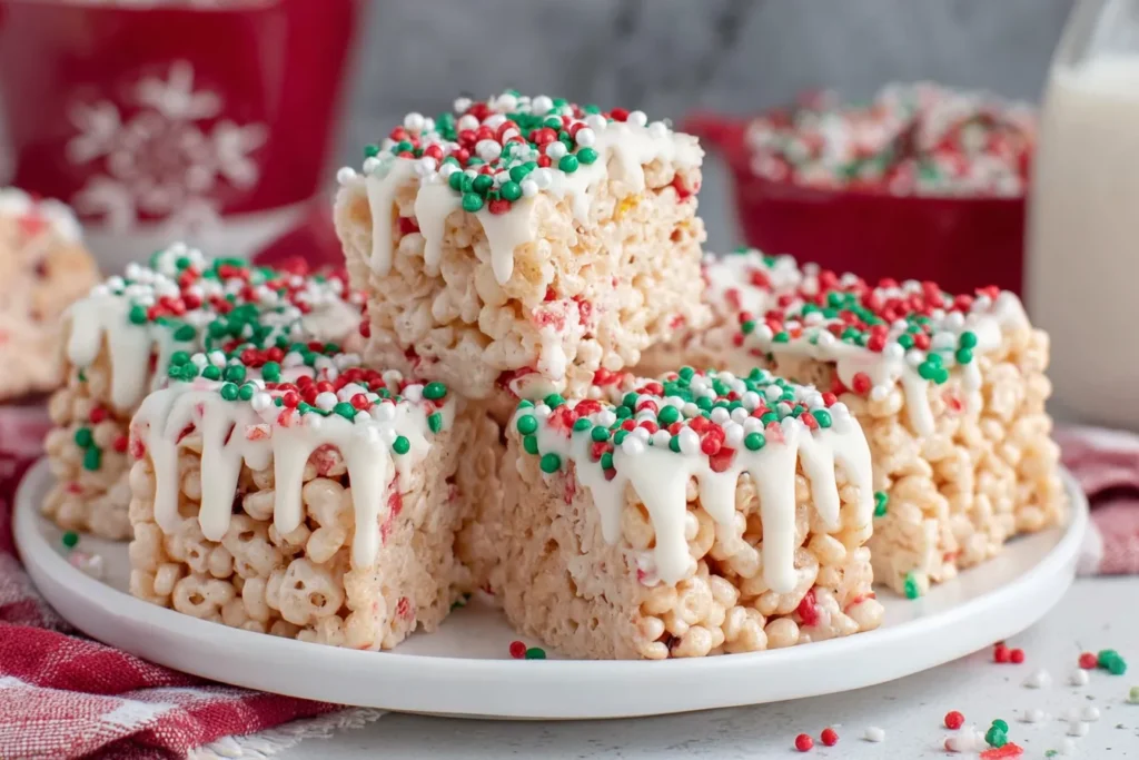 Christmas Rice Crispy Treats topped with white chocolate drizzle and red, green, and white sprinkles stacked on a plate.