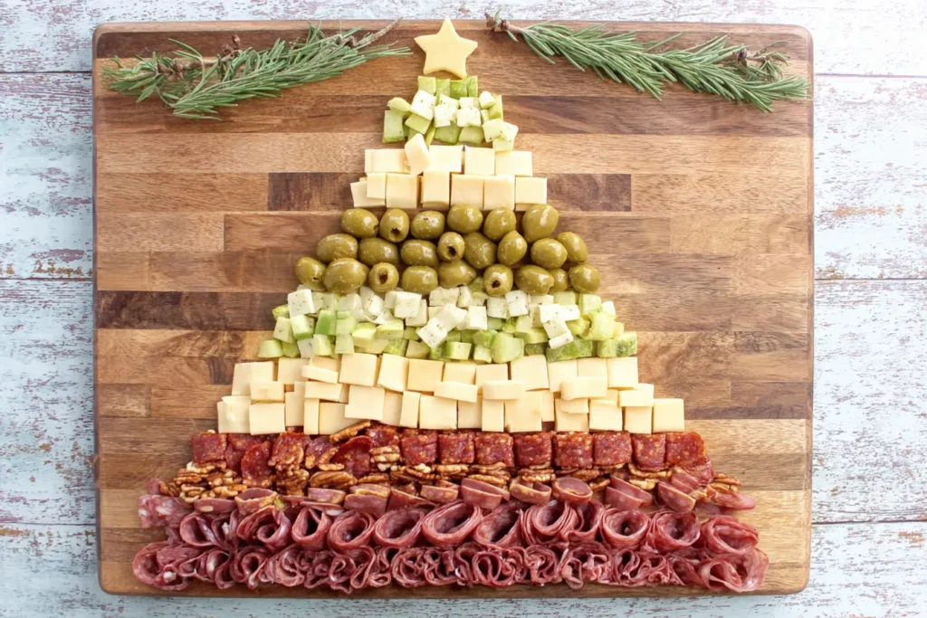 Simple Christmas Tree Charcuterie Board with meats, cheeses, and olives shaped like a tree