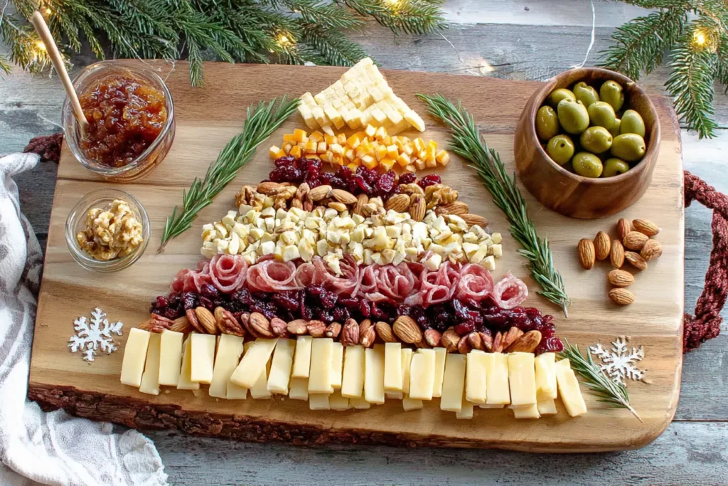 Simple Christmas Tree Charcuterie Board with assorted cheeses, nuts, and dried fruits