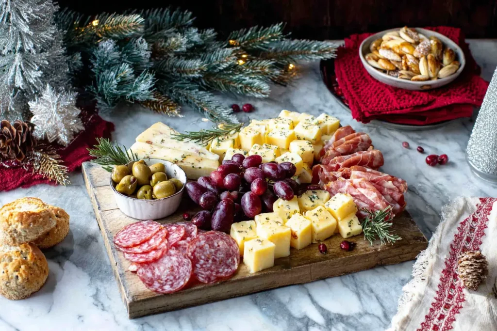 Simple Christmas Tree Charcuterie Board with cheeses, olives, grapes, and meats
