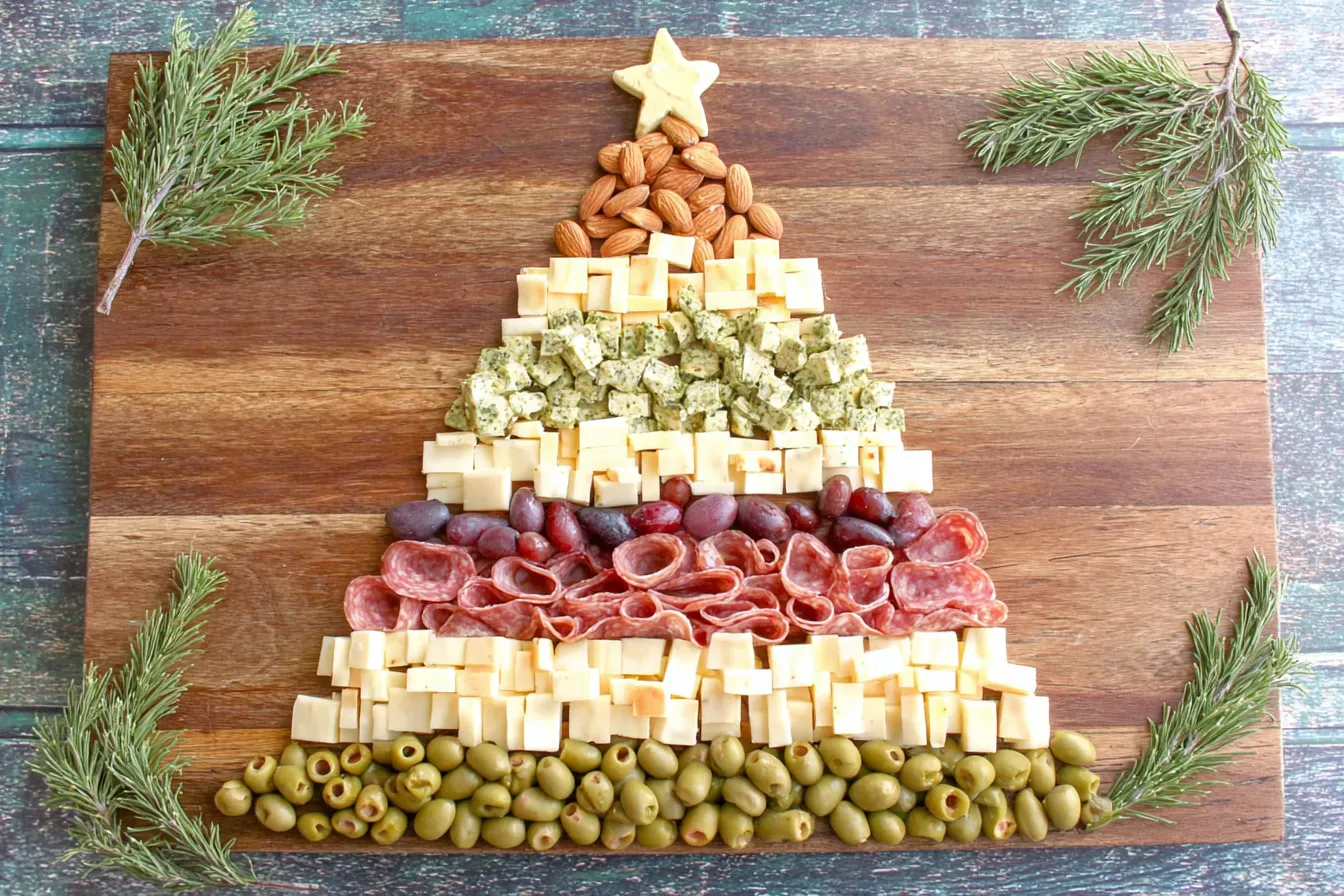 Simple Christmas Tree Charcuterie Board with mixed cheeses, salami, and olives arranged like a tree