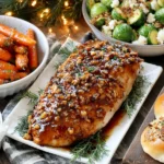 Classic Thanksgiving Feast showing maple-glazed turkey breast, honey carrots, Brussels sprouts, stuffing, and garlic bread rolls on a rustic holiday table.