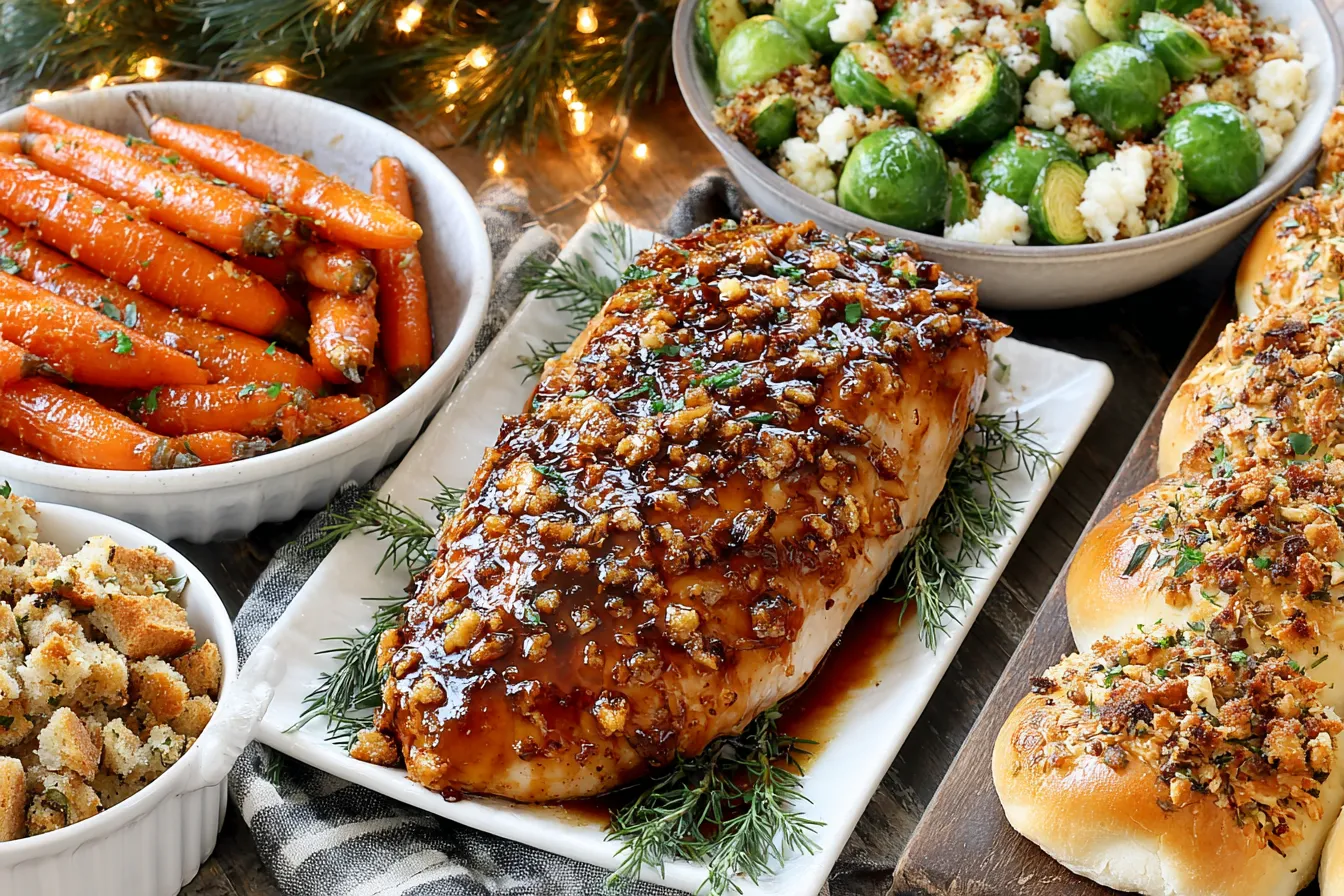 Classic Thanksgiving Feast showing maple-glazed turkey breast, honey carrots, Brussels sprouts, stuffing, and garlic bread rolls on a rustic holiday table.