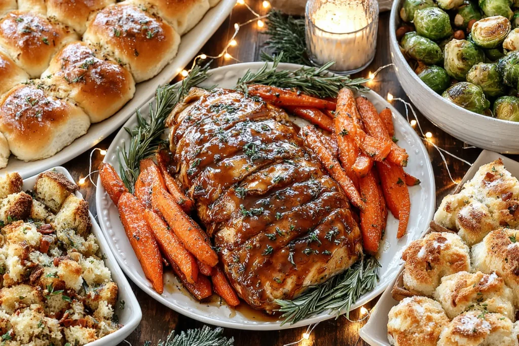 Classic Thanksgiving Feast featuring glazed turkey breast with roasted carrots, fluffy rolls, Brussels sprouts, and stuffing on a festive table.