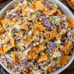 Frito Cowboy Cabbage salad topped with Chili Cheese Fritos, black beans, corn, and colorful cabbage in a creamy chipotle sauce.