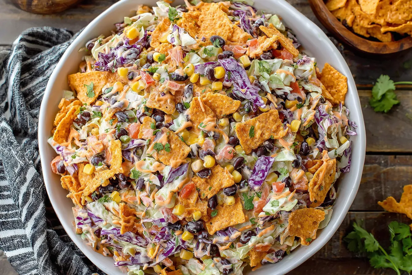 Frito Cowboy Cabbage salad topped with Chili Cheese Fritos, black beans, corn, and colorful cabbage in a creamy chipotle sauce.